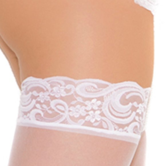 White Wedding Bells Sheer Thigh High Lace Top Stockings - Picture 4 of 7